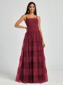 A-line Spaghetti Straps Pleated Floor-Length Tulle Bridesmaid Dress