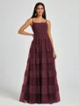 A-line Spaghetti Straps Pleated Floor-Length Tulle Bridesmaid Dress