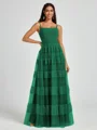 A-line Spaghetti Straps Pleated Floor-Length Tulle Bridesmaid Dress