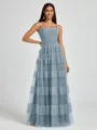 A-line Spaghetti Straps Pleated Floor-Length Tulle Bridesmaid Dress