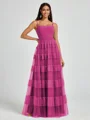 A-line Spaghetti Straps Pleated Floor-Length Tulle Bridesmaid Dress