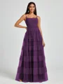 A-line Spaghetti Straps Pleated Floor-Length Tulle Bridesmaid Dress
