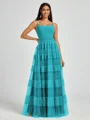 A-line Spaghetti Straps Pleated Floor-Length Tulle Bridesmaid Dress