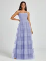 A-line Spaghetti Straps Pleated Floor-Length Tulle Bridesmaid Dress