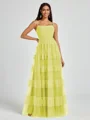 A-line Spaghetti Straps Pleated Floor-Length Tulle Bridesmaid Dress