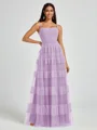 A-line Spaghetti Straps Pleated Floor-Length Tulle Bridesmaid Dress
