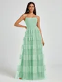 A-line Spaghetti Straps Pleated Floor-Length Tulle Bridesmaid Dress