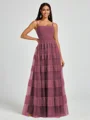 A-line Spaghetti Straps Pleated Floor-Length Tulle Bridesmaid Dress