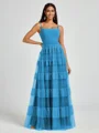 A-line Spaghetti Straps Pleated Floor-Length Tulle Bridesmaid Dress