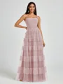 A-line Spaghetti Straps Pleated Floor-Length Tulle Bridesmaid Dress