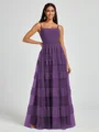 A-line Spaghetti Straps Pleated Floor-Length Tulle Bridesmaid Dress