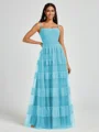 A-line Spaghetti Straps Pleated Floor-Length Tulle Bridesmaid Dress