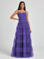 A-line Spaghetti Straps Pleated Floor-Length Tulle Bridesmaid Dress