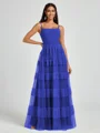 A-line Spaghetti Straps Pleated Floor-Length Tulle Bridesmaid Dress