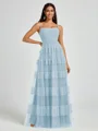 A-line Spaghetti Straps Pleated Floor-Length Tulle Bridesmaid Dress