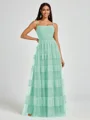 A-line Spaghetti Straps Pleated Floor-Length Tulle Bridesmaid Dress