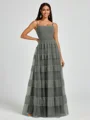 A-line Spaghetti Straps Pleated Floor-Length Tulle Bridesmaid Dress