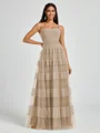 A-line Spaghetti Straps Pleated Floor-Length Tulle Bridesmaid Dress