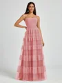 A-line Spaghetti Straps Pleated Floor-Length Tulle Bridesmaid Dress