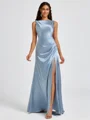 Sheath Scoop Pleated Floor-Length Silk Like Satin Bridesmaid Dress