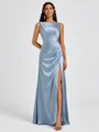 Sheath Scoop Pleated Floor-Length Silk Like Satin Bridesmaid Dress