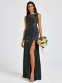 Sheath Scoop Pleated Floor-Length Silk Like Satin Bridesmaid Dress