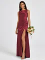 Sheath Scoop Pleated Floor-Length Silk Like Satin Bridesmaid Dress