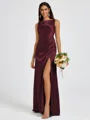 Sheath Scoop Pleated Floor-Length Silk Like Satin Bridesmaid Dress