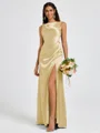 Sheath Scoop Pleated Floor-Length Silk Like Satin Bridesmaid Dress
