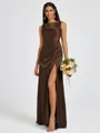 Sheath Scoop Pleated Floor-Length Silk Like Satin Bridesmaid Dress