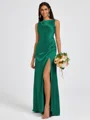 Sheath Scoop Pleated Floor-Length Silk Like Satin Bridesmaid Dress