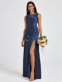 Sheath Scoop Pleated Floor-Length Silk Like Satin Bridesmaid Dress