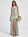 Sheath Scoop Pleated Floor-Length Silk Like Satin Bridesmaid Dress