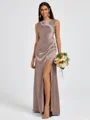 Sheath Scoop Pleated Floor-Length Silk Like Satin Bridesmaid Dress