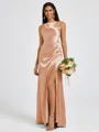 Sheath Scoop Pleated Floor-Length Silk Like Satin Bridesmaid Dress