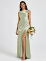 Sheath Scoop Pleated Floor-Length Silk Like Satin Bridesmaid Dress