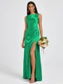 Sheath Scoop Pleated Floor-Length Silk Like Satin Bridesmaid Dress