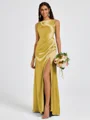 Sheath Scoop Pleated Floor-Length Silk Like Satin Bridesmaid Dress