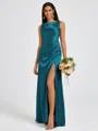 Sheath Scoop Pleated Floor-Length Silk Like Satin Bridesmaid Dress