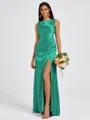 Sheath Scoop Pleated Floor-Length Silk Like Satin Bridesmaid Dress