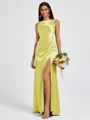 Sheath Scoop Pleated Floor-Length Silk Like Satin Bridesmaid Dress