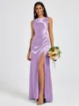 Sheath Scoop Pleated Floor-Length Silk Like Satin Bridesmaid Dress