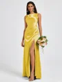 Sheath Scoop Pleated Floor-Length Silk Like Satin Bridesmaid Dress