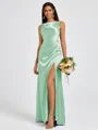Sheath Scoop Pleated Floor-Length Silk Like Satin Bridesmaid Dress
