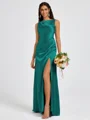 Sheath Scoop Pleated Floor-Length Silk Like Satin Bridesmaid Dress