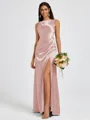 Sheath Scoop Pleated Floor-Length Silk Like Satin Bridesmaid Dress