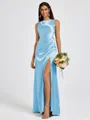 Sheath Scoop Pleated Floor-Length Silk Like Satin Bridesmaid Dress