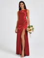 Sheath Scoop Pleated Floor-Length Silk Like Satin Bridesmaid Dress