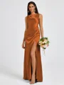 Sheath Scoop Pleated Floor-Length Silk Like Satin Bridesmaid Dress