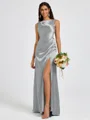 Sheath Scoop Pleated Floor-Length Silk Like Satin Bridesmaid Dress